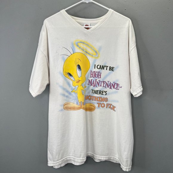 Vintage 90s Looney Tunes T Shirt size XL Tweety Bird High Maintenance White FLAW - Picture 1 of 7